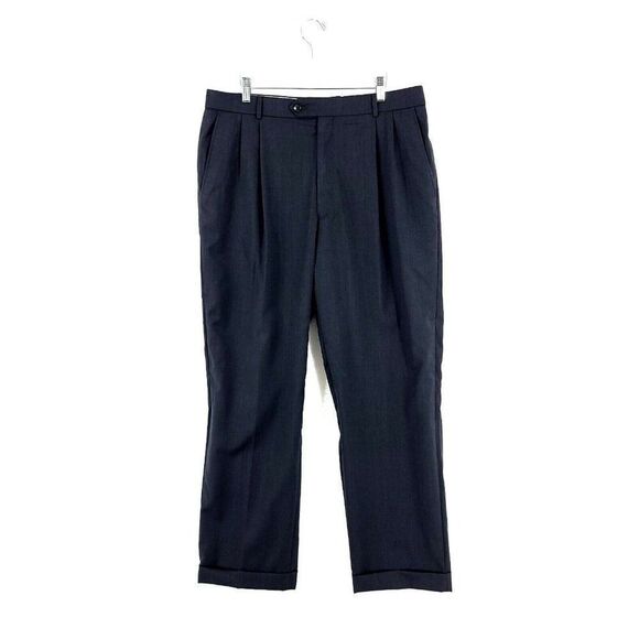 Ballin Classic Super 120s Wool Gray W/ Blue Twill Pleated Cuff Dress Pants 36/31 - Picture 1 of 8